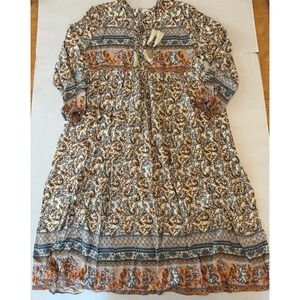 R Vivimos Floral Boho Maxi Dress Women Large Orange Long Sleeve Hippie Peasant